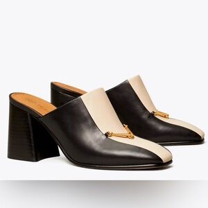 TORY BURCH EQUESTRIAN LINK MULE 80MM PUMP LEATHER BLACK/DULCE DE‎ LECHE SZ US 8